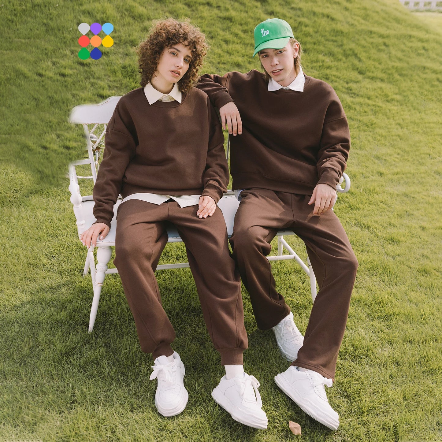 INFLATION Thick Fleece Sweatshirt, Loose Crew Neck | Apricot, Green