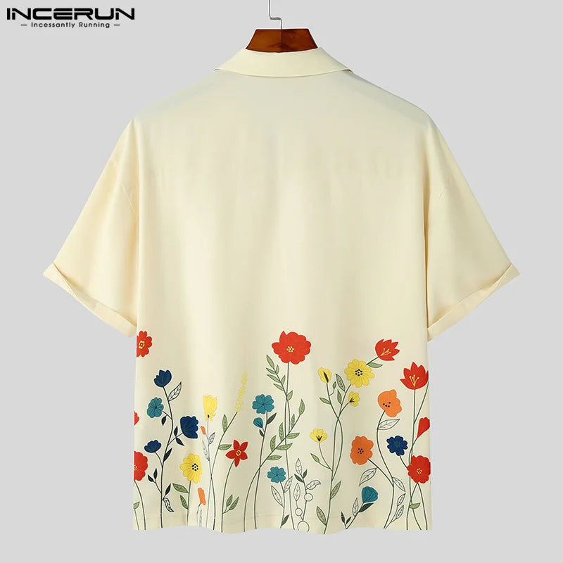 INCERUN Men Short Sleeve Loose Flower Shirt