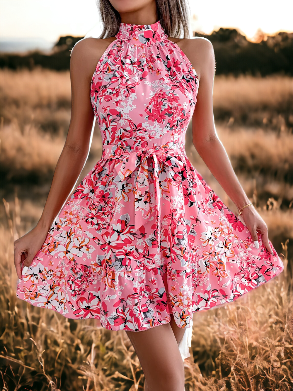 Summer Floral Print Short Dress, Pink
