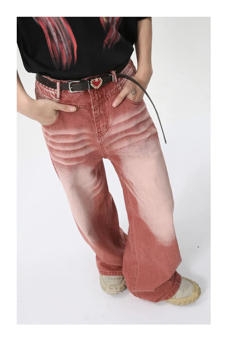 American Style Straight Wide Men's Red Washed Jeans