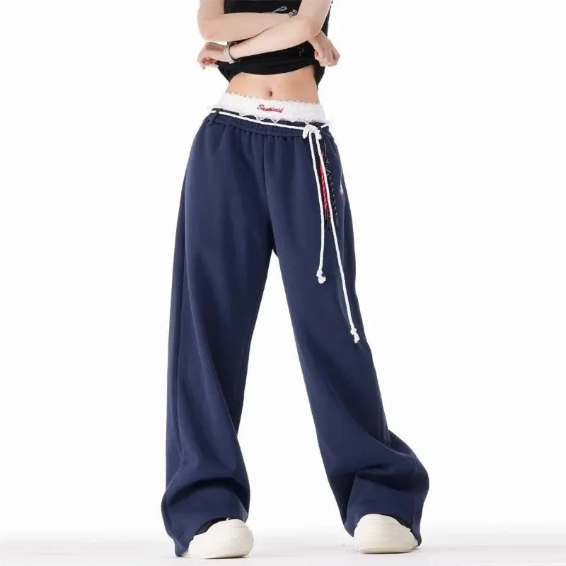 QWEEK Vintage Oversized Women's Blue Baggy Sweatpants