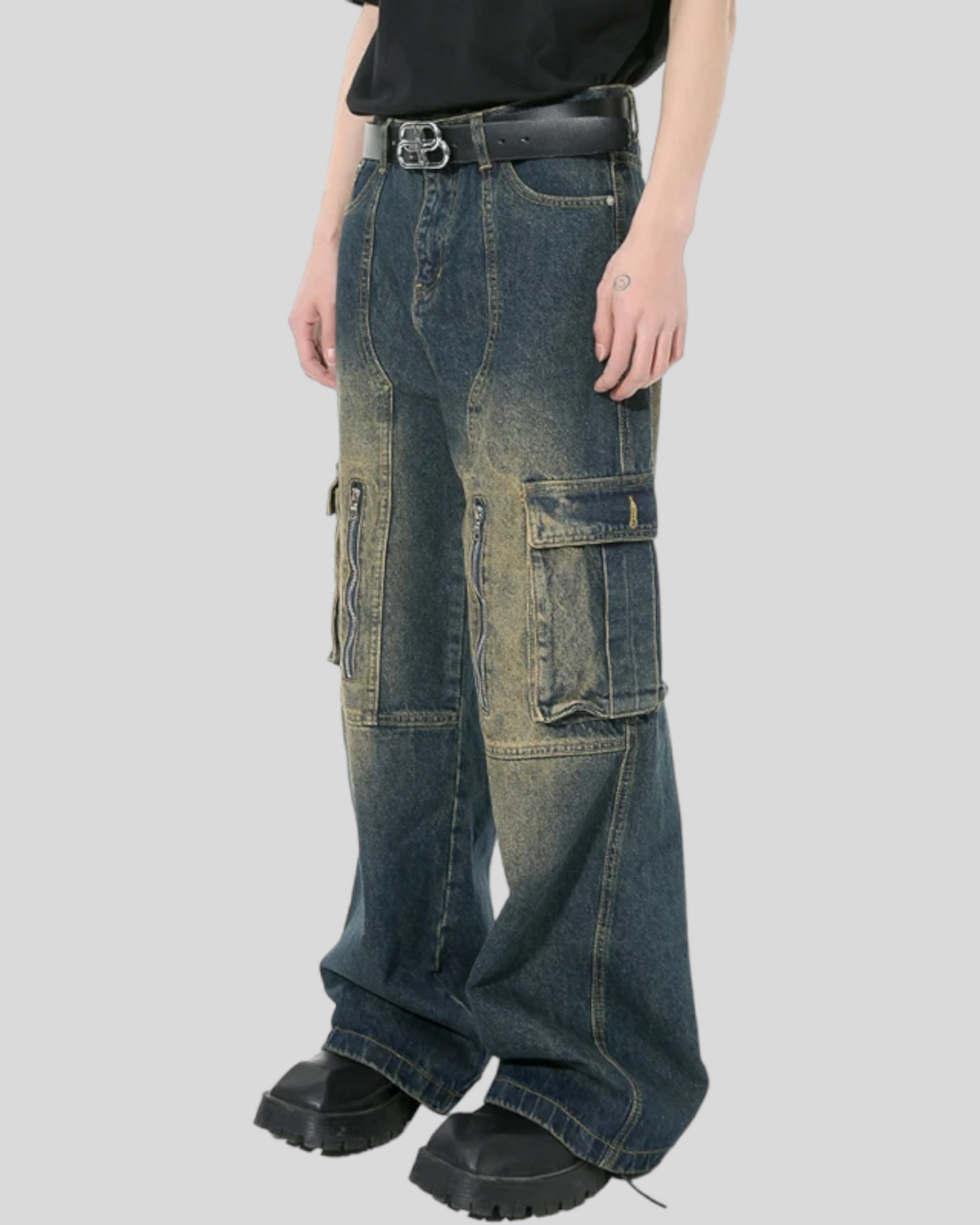 Men's Vintage Multi-pocket Denim Cargo Pants, Wide Legs
