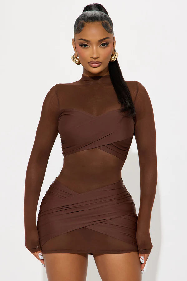 Ana 2 Piece Double Lined Mini Dress - Brown