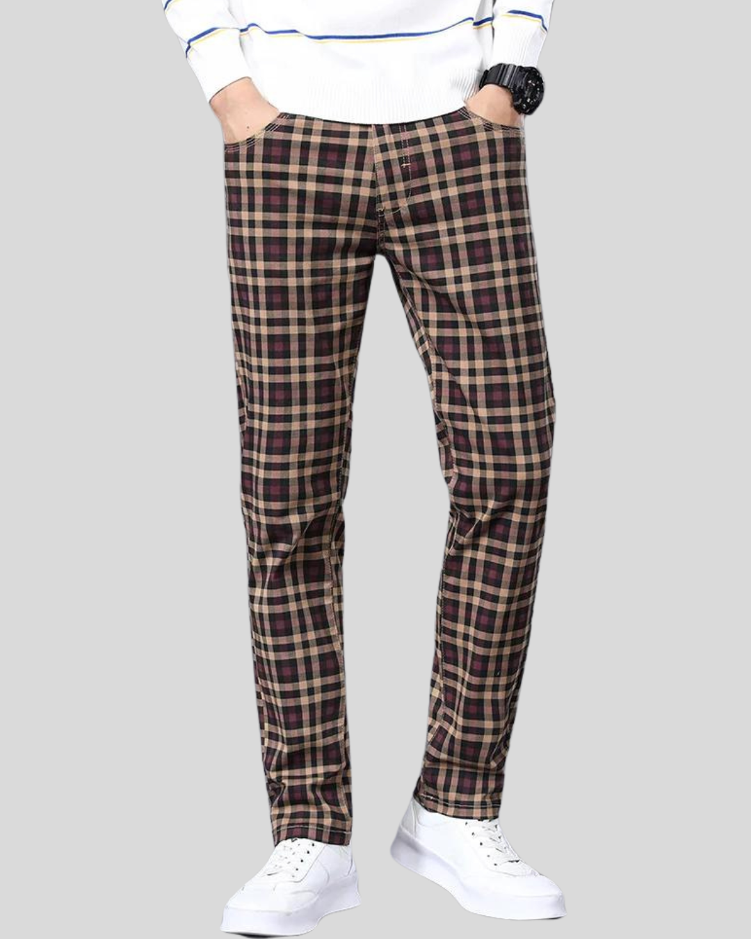 Casual Men's Check Trousers 98% Cotton, Dark Khaki