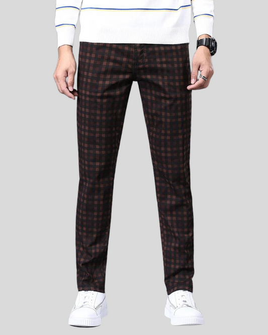 Casual Men's Check Trousers 98% Cotton, Red Wine