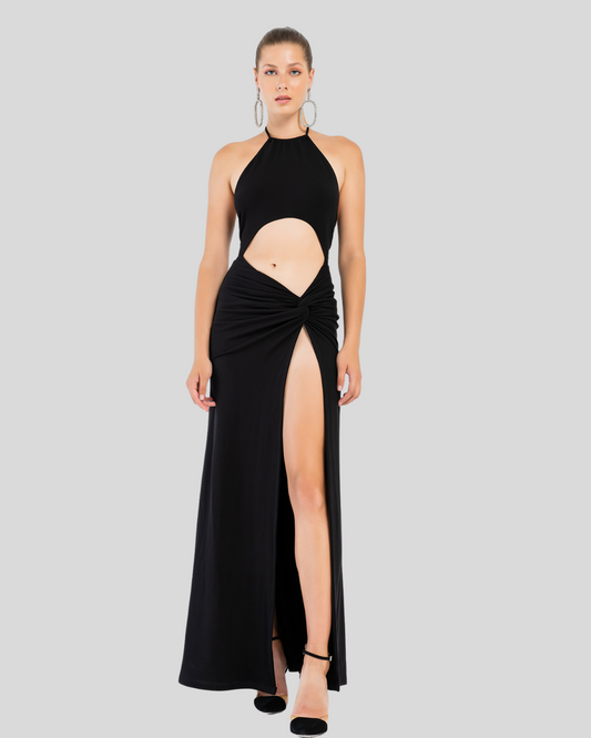 Black Long Dress Elegant Waist Hollow Out High Split