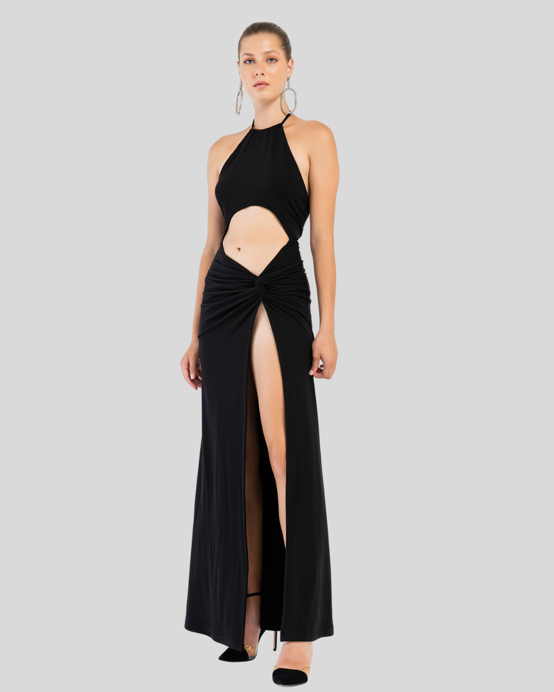 Black Long Dress Elegant Waist Hollow Out High Split