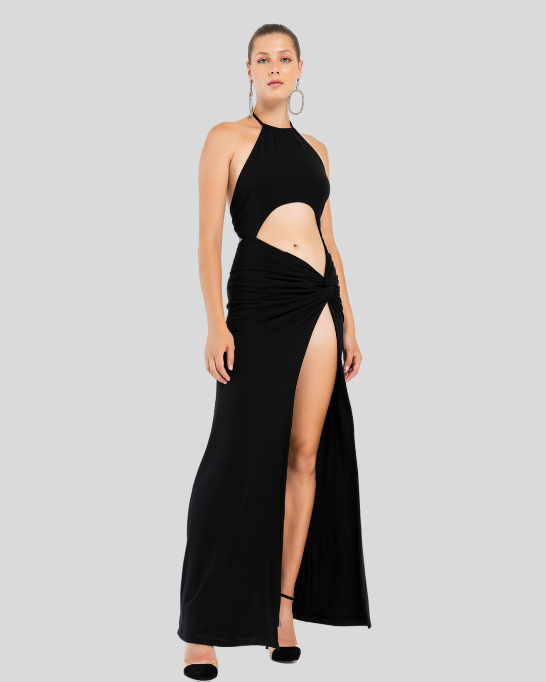 Black Long Dress Elegant Waist Hollow Out High Split