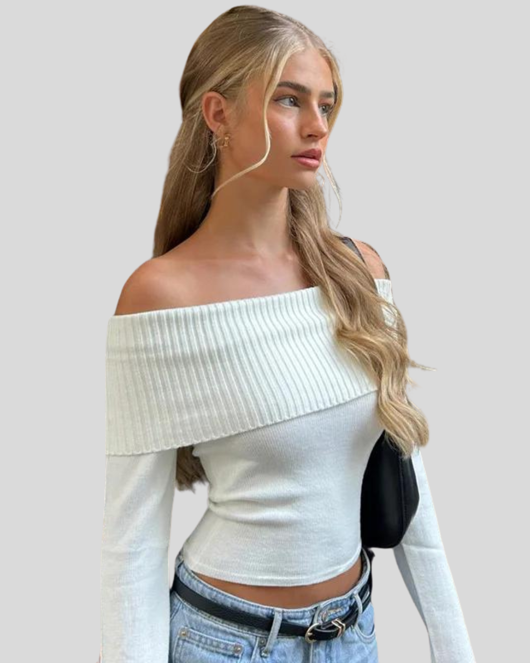 Slash-neck Ribbed Solid Crop Tops Long Sleeve