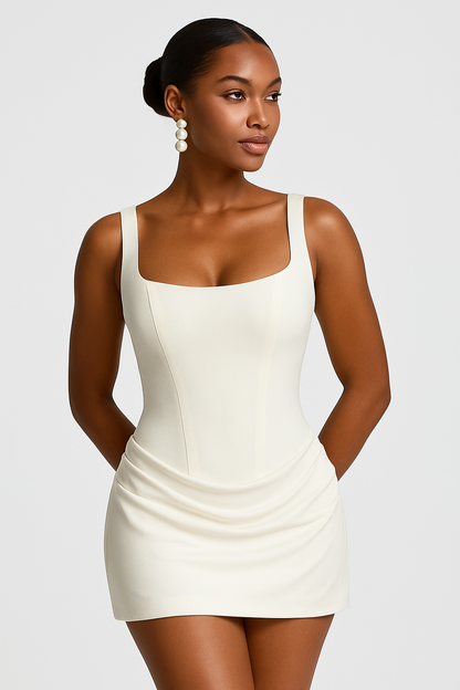 Square-Neck Pleated Bodycon Mini Dress - White