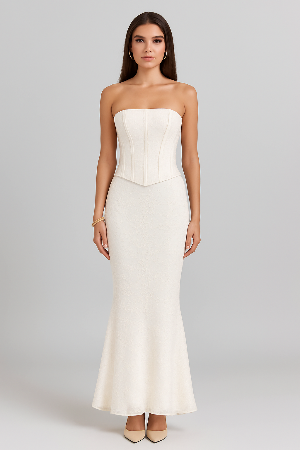 Mozision Strapless Two-Piece Maxi Set Dress  - White