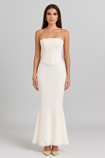 Mozision Strapless Two-Piece Maxi Set Dress  - White