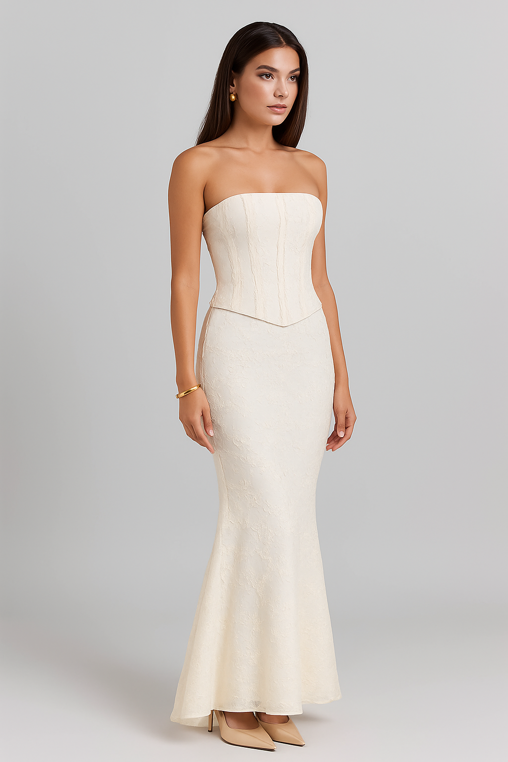 Mozision Strapless Two-Piece Maxi Set Dress  - White