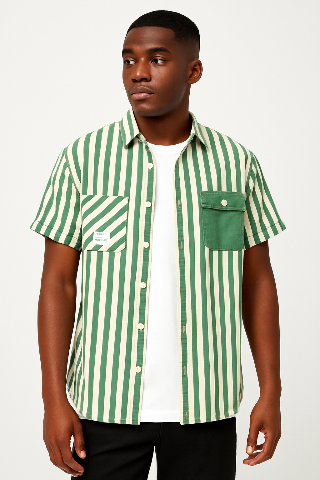 Cargo Striped Short Sleeve Shirt with Side Pocket