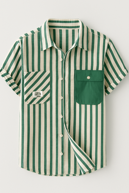 Cargo Striped Short Sleeve Shirt with Side Pocket