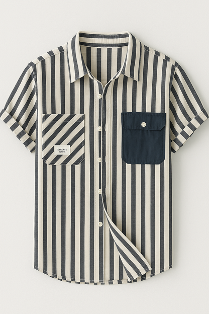 Cargo Striped Short Sleeve Shirt with Side Pocket