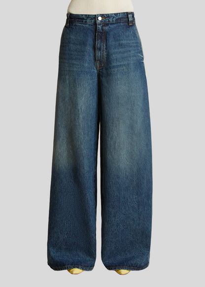 Women's Vintage  Blue Washed Denim Baggy Jeans, Wide Legs