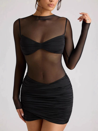 Elav Mesh Long Sleeve Pleated Mini Dress - Black