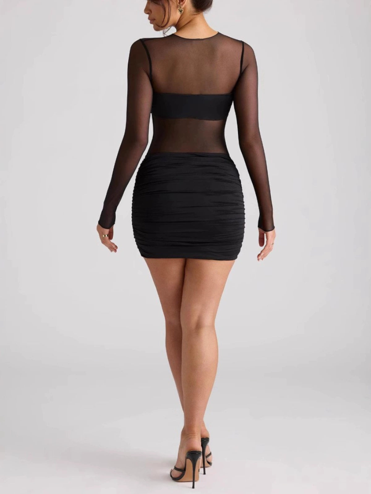 Elav Mesh Long Sleeve Pleated Mini Dress - Black