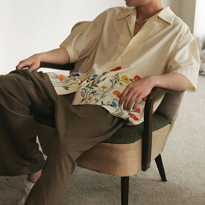 INCERUN Men Short Sleeve Loose Flower Shirt