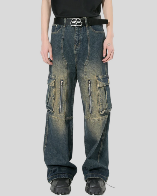 Men's Vintage Multi-pocket Denim Cargo Pants, Wide Legs