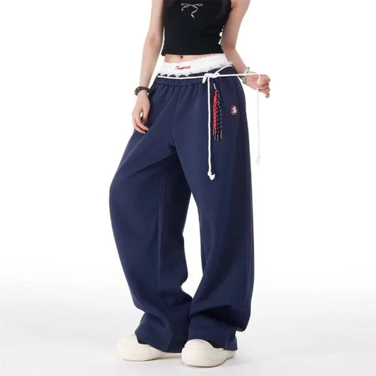 QWEEK Vintage Oversized Women's Blue Baggy Sweatpants