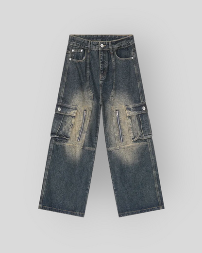 Women's Vintage Multi-pocket Denim Cargo Pants, Wide Legs