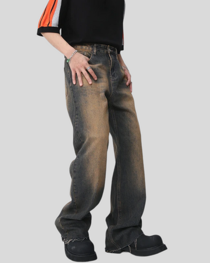 Men's Vintage Streetwear Brown Blue Baggy Jeans.