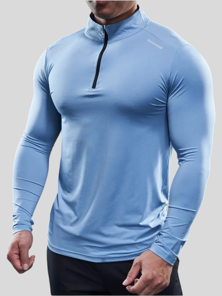 Men's Shield Activewear, Long Sleeve Tight Top tee, Black, Light blue