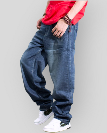 Women's Vintage  Blue Washed Denim Baggy Jeans, Wide Legs