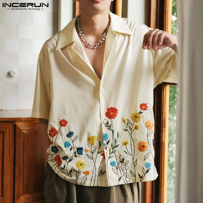 INCERUN Men Short Sleeve Loose Flower Shirt