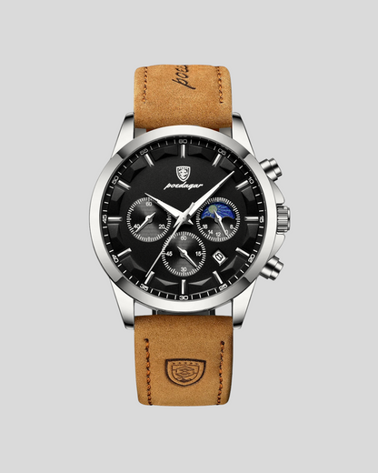 POEDAGAR Men's Leather Quartz Watch Chronograph Luminous