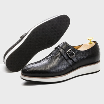 XEBOS Black Leather Crocodile Pattern Shoes