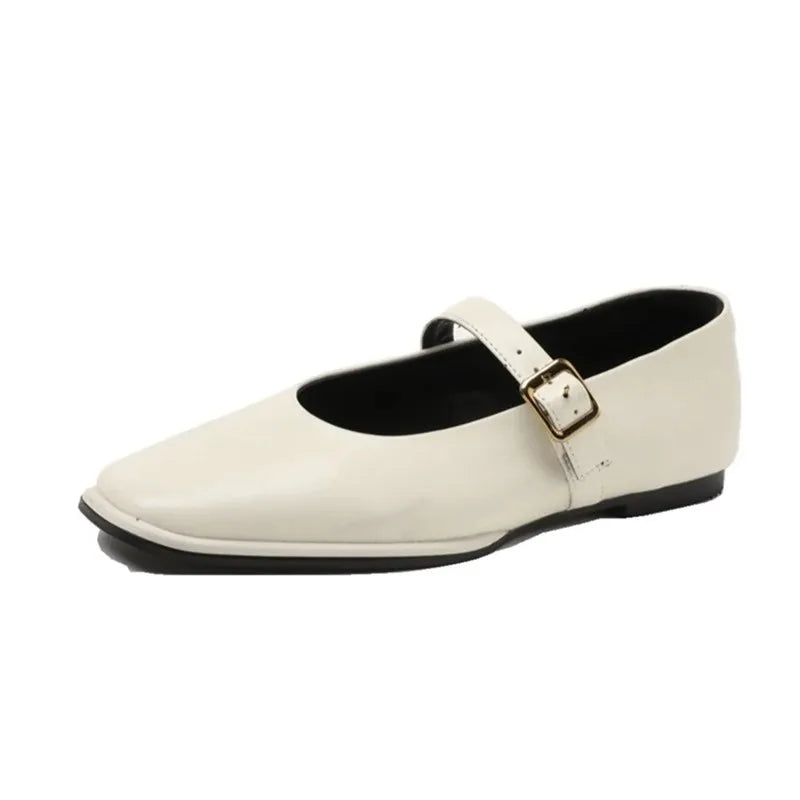 AIYUQI Mary Jane White Shoes Genuine Leather Square Toe Ballet Flats for Women