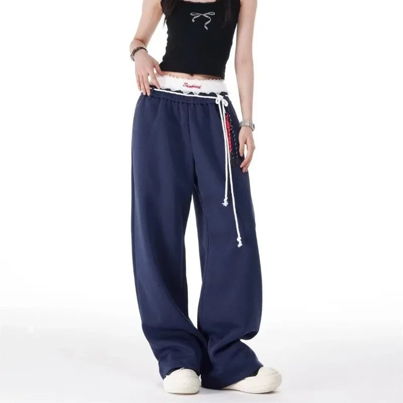 QWEEK Vintage Oversized Women's Blue Baggy Sweatpants