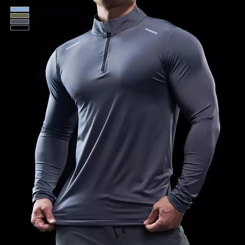 Men's Shield Activewear, Long Sleeve Tight Top tee, Black, Light blue