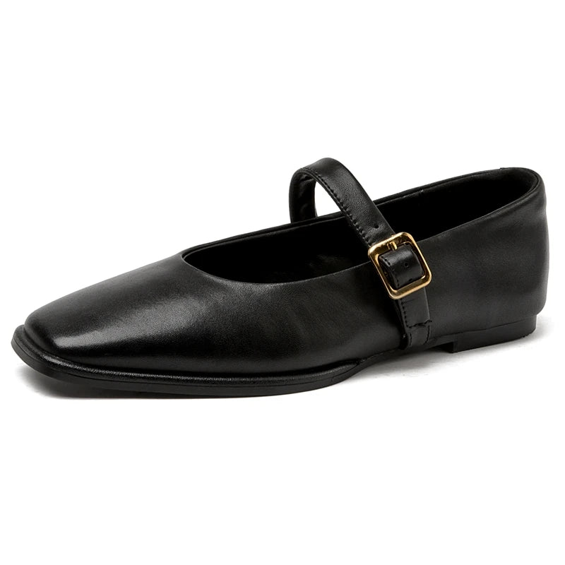 AIYUQI Mary Jane Black Shoes Genuine Leather Square Toe Ballet Flats for Women