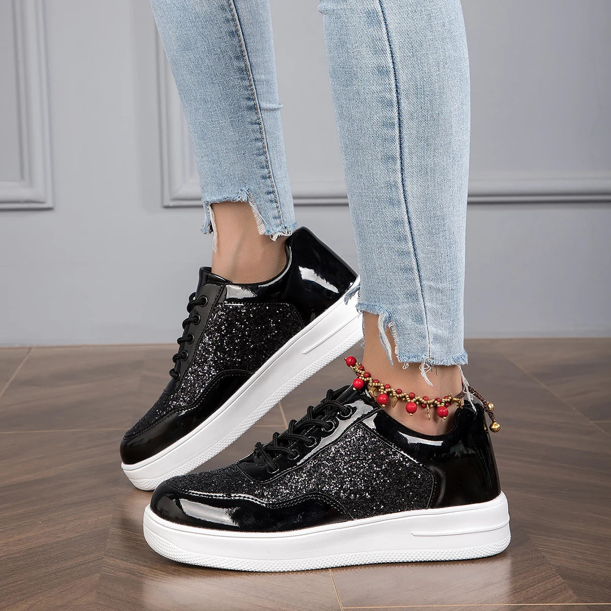 Women's Black Glitter Sneakers / Trainers / Shoes