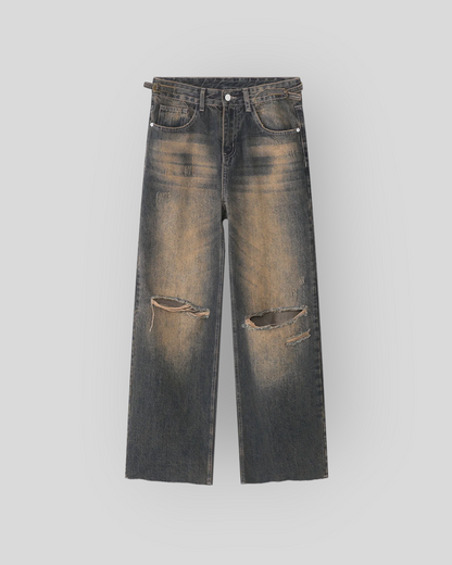 Women's Vintage  Blue Washed Denim Baggy Jeans, Wide Legs