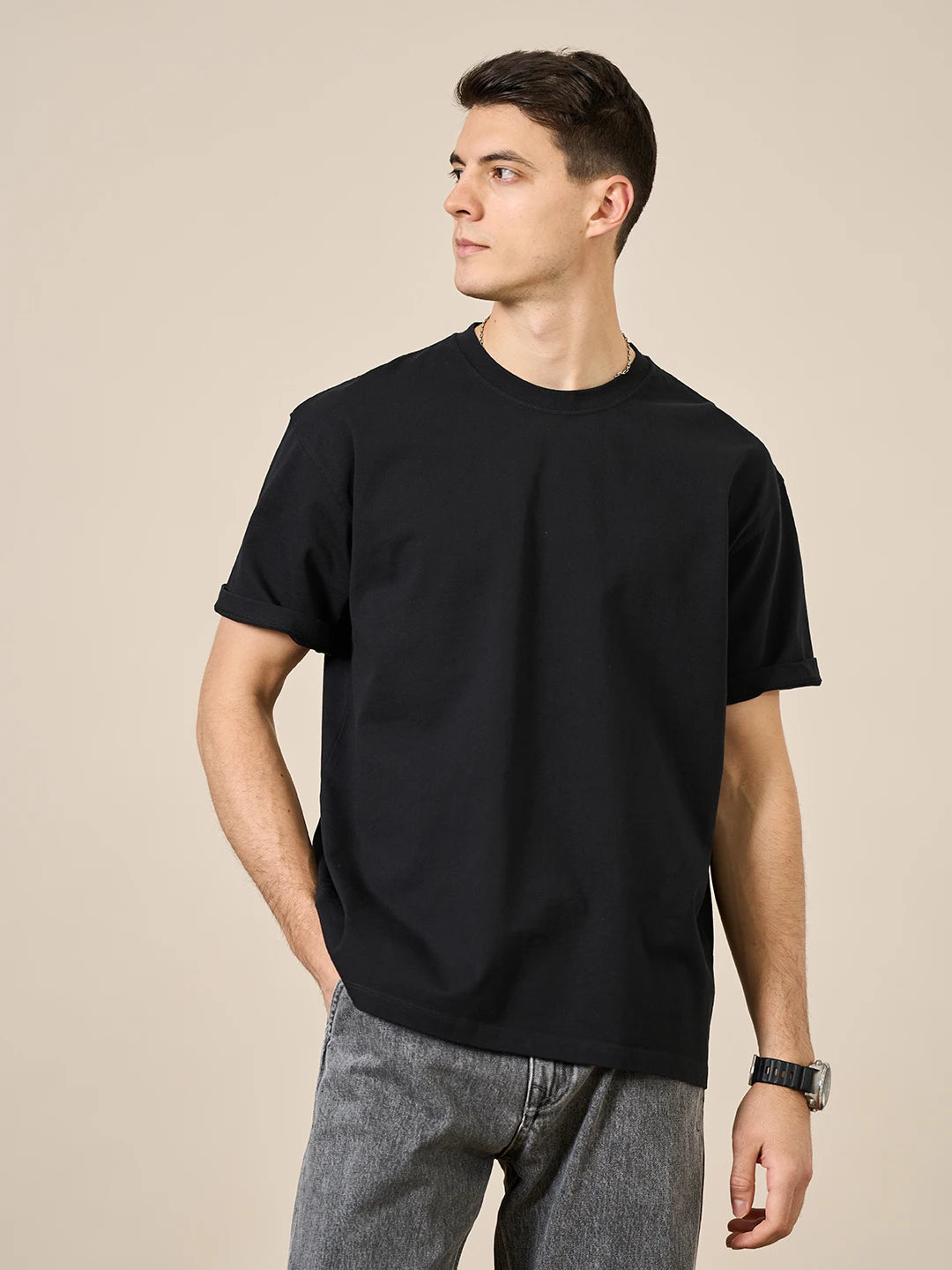 SIMWOOD Men's Black Drop Sleeve 250g T-shirt 100% Cotton