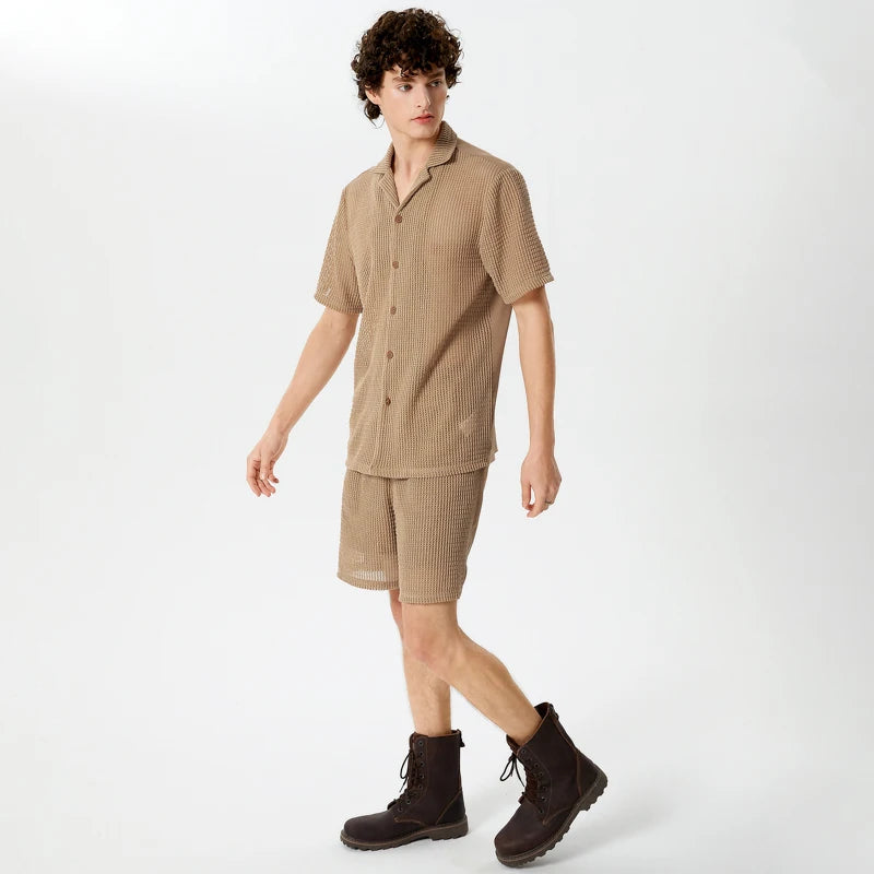 INCERUN Transparent Shirt & Short Set, Khaki