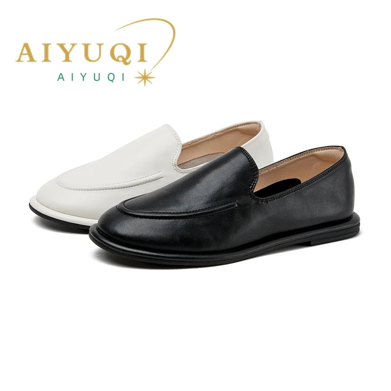 AIYUQI Women’s Black Loafers Round Toe Genuine Leather Slip-On Flats