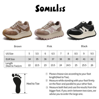 SOMILISS Women Platform Sneakers Pig Sude Satin Cloth Patchwork Lace-Up Round Toe Ladies Casual Sneakers Designer Brand Shoes