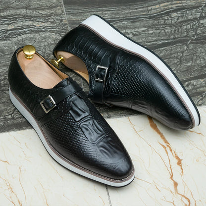 XEBOS Black Leather Crocodile Pattern Shoes