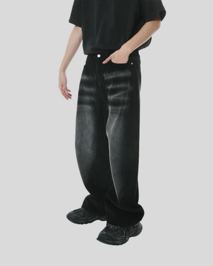 Women's Vintage Black Grey Denim Baggy Jeans, Wide Legs