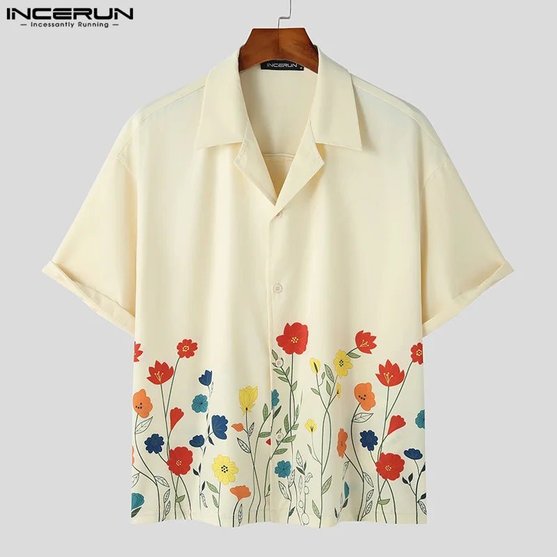 INCERUN Men Short Sleeve Loose Flower Shirt