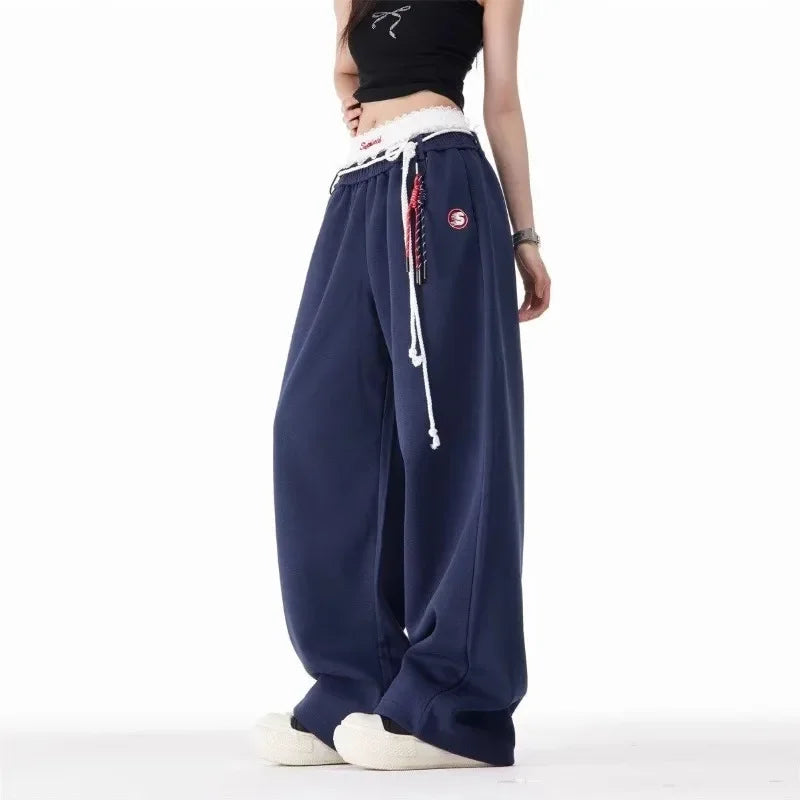 QWEEK Vintage Oversized Women's Blue Baggy Sweatpants