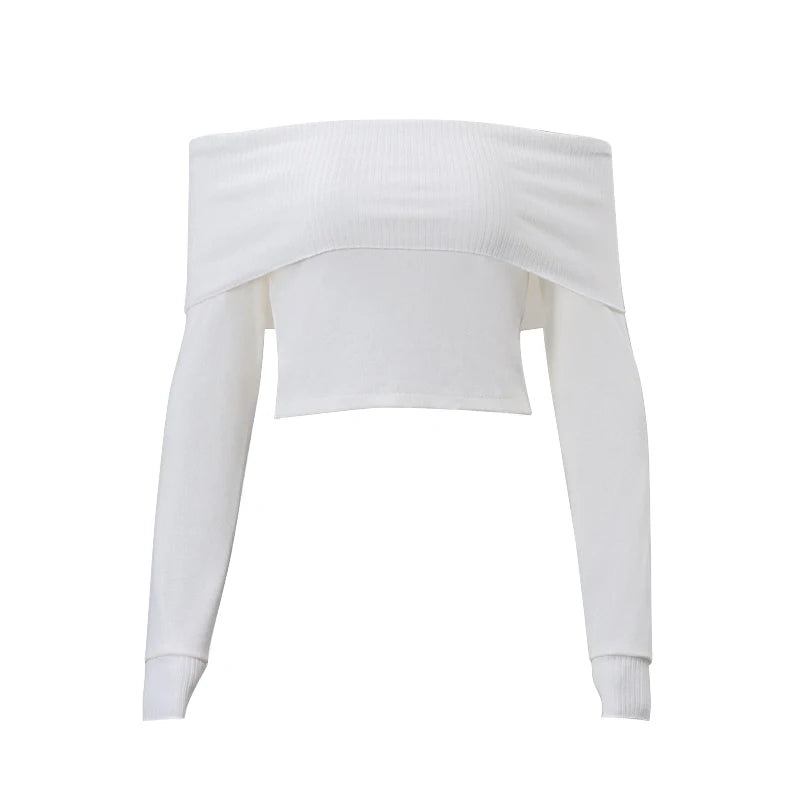 Slash-neck Ribbed Solid Crop Tops Long Sleeve