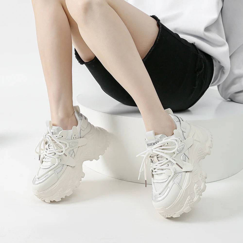 SOMILISS White Chunky Microfiber Leather Shoes