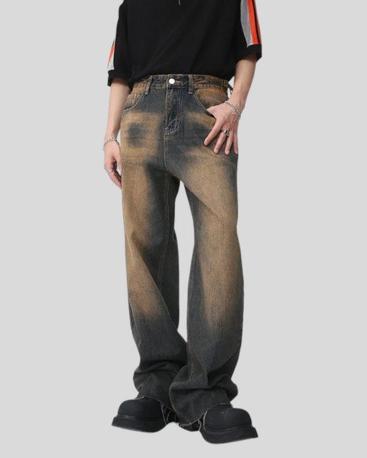 Men's Vintage Streetwear Brown Blue Baggy Jeans.